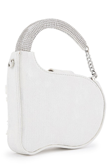 Shop Anaar White Beads, Embroidery Piom Pom Anette Designer Clutch at Aza Fashions Shop_Anaar_White Beads, Embroidery Piom Pom Anette Designer Clutch _at_Aza_Fashions