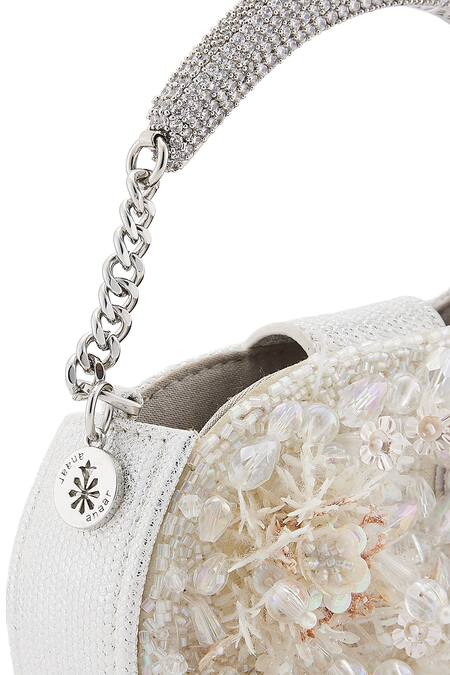 Shop Anaar White Beads, Embroidery Piom Pom Anette Designer Clutch Shop_Anaar_White Beads, Embroidery Piom Pom Anette Designer Clutch