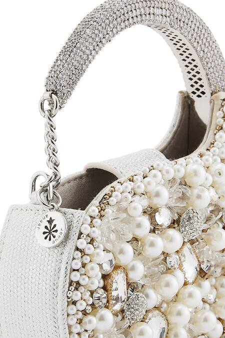 Shop Anaar White Pearls, Crystals Boss Lady Anette Designer Clutch Shop_Anaar_White Pearls, Crystals Boss Lady Anette Designer Clutch
