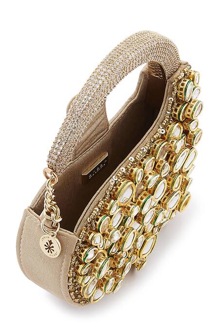 Shop Anaar Gold Stones Foiled Milano Satin Clutch Shop_Anaar_Gold Stones Foiled Milano Satin Clutch
