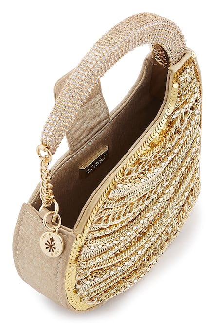 Anaar Gold Chains, Rhinestones Foiled Milano Satin Clutch at Aza Fashions Anaar_Gold Chains, Rhinestones Foiled Milano Satin Clutch _at_Aza_Fashions