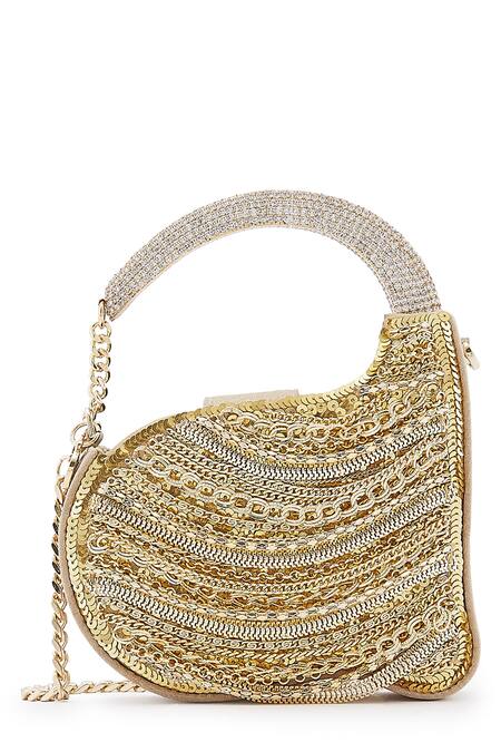 Shop Anaar Gold Chains, Rhinestones Foiled Milano Satin Clutch Shop_Anaar_Gold Chains, Rhinestones Foiled Milano Satin Clutch