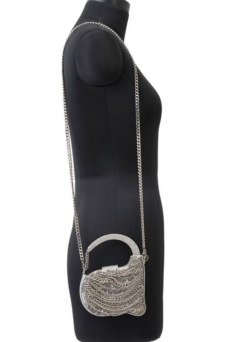 Anaar_Silver Chains Bridal Satin Designer Clutch _Online_at_Aza_Fashions