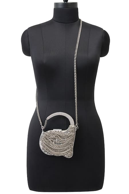 Shop_Anaar_Silver Chains Bridal Satin Designer Clutch _Online_at_Aza_Fashions