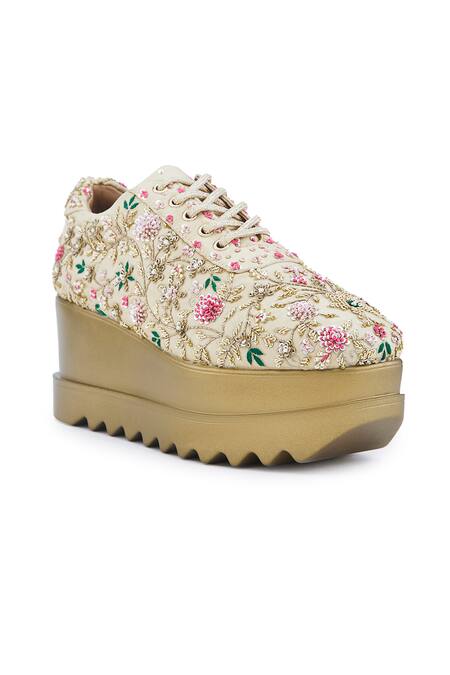 Anaar_Gold Floral Embroidered Wedge Sneakers_Online_at_Aza_Fashions