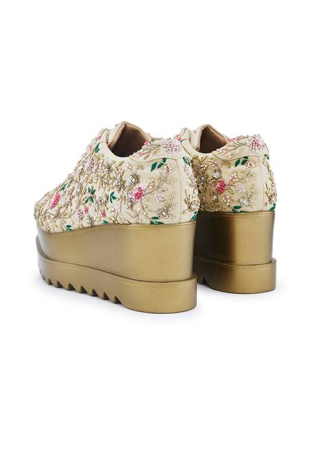 Anaar_Gold Floral Embroidered Wedge Sneakers_at_Aza_Fashions