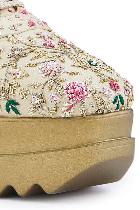 Shop_Anaar_Gold Floral Embroidered Wedge Sneakers