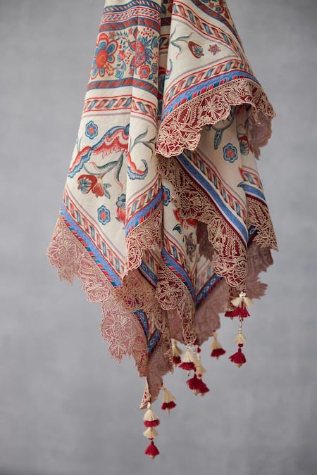 Torani_Multi Color Embroidery, Lace Coromandel Ayaana Designer Scarf _at_Aza_Fashions
