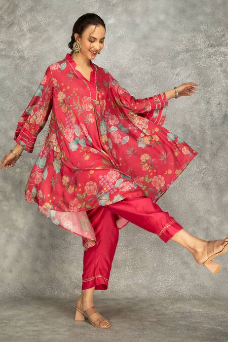Tanu Malhotra Pink Cotton, Silk Embroidery Collared Hot Printed High Low Kurta Set Online at Aza Fashions Tanu Malhotra_Pink Cotton, Silk Embroidery Collared Hot Printed High Low Kurta Set _Online_at_Aza_Fashions