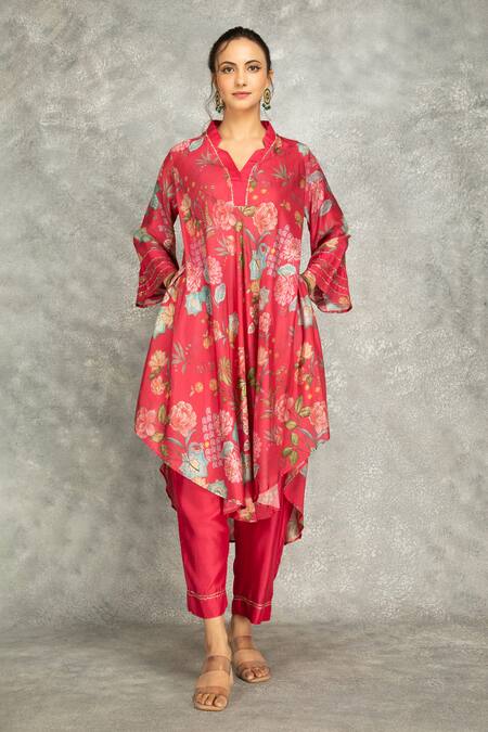 Buy Tanu Malhotra Pink Cotton, Silk Embroidery Collared Hot Printed High Low Kurta Set Online at Aza Fashions Buy_Tanu Malhotra_Pink Cotton, Silk Embroidery Collared Hot Printed High Low Kurta Set _Online_at_Aza_Fashions