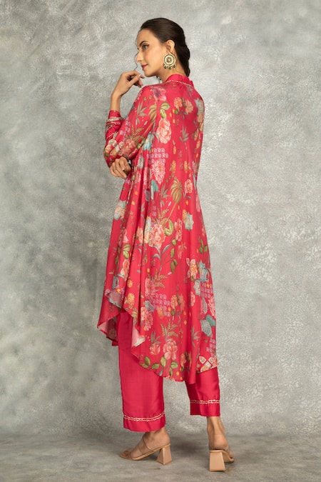 Shop Tanu Malhotra Pink Cotton, Silk Embroidery Collared Hot Printed High Low Kurta Set at Aza Fashions Shop_Tanu Malhotra_Pink Cotton, Silk Embroidery Collared Hot Printed High Low Kurta Set _at_Aza_Fashions