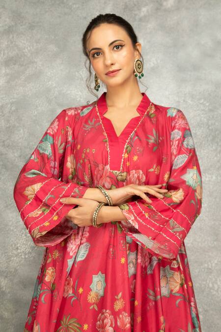 Shop Tanu Malhotra Pink Cotton, Silk Embroidery Collared Hot Printed High Low Kurta Set Online at Aza Fashions Shop_Tanu Malhotra_Pink Cotton, Silk Embroidery Collared Hot Printed High Low Kurta Set _Online_at_Aza_Fashions