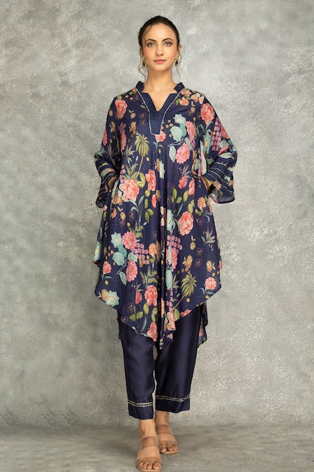 Buy Tanu Malhotra Blue Cotton, Silk Split V-neck Printed High Low Kurta Set Online at Aza Fashions Buy_Tanu Malhotra_Blue Cotton, Silk Split V-neck Printed High Low Kurta Set _Online_at_Aza_Fashions