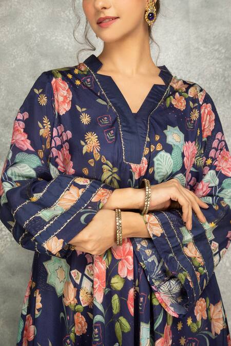 Shop Tanu Malhotra Blue Cotton, Silk Split V-neck Printed High Low Kurta Set Online at Aza Fashions Shop_Tanu Malhotra_Blue Cotton, Silk Split V-neck Printed High Low Kurta Set _Online_at_Aza_Fashions