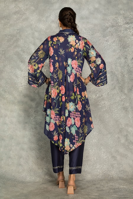 Shop Tanu Malhotra Blue Cotton, Silk Split V-neck Printed High Low Kurta Set at Aza Fashions Shop_Tanu Malhotra_Blue Cotton, Silk Split V-neck Printed High Low Kurta Set _at_Aza_Fashions