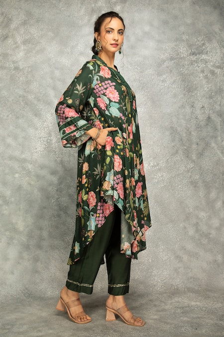 Tanu Malhotra Green Cotton, Silk Split V-neck Forest Printed High Low Kurta Set Online at Aza Fashions Tanu Malhotra_Green Cotton, Silk Split V-neck Forest Printed High Low Kurta Set _Online_at_Aza_Fashions