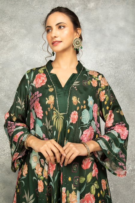 Buy Tanu Malhotra Green Cotton, Silk Split V-neck Forest Printed High Low Kurta Set Online at Aza Fashions Buy_Tanu Malhotra_Green Cotton, Silk Split V-neck Forest Printed High Low Kurta Set _Online_at_Aza_Fashions