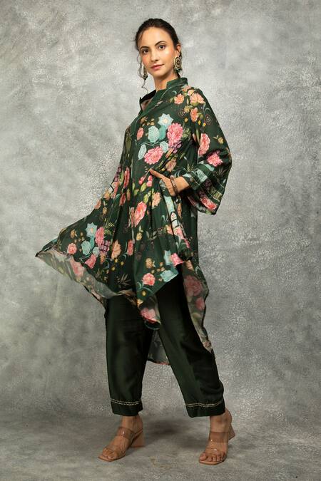 Shop Tanu Malhotra Green Cotton, Silk Split V-neck Forest Printed High Low Kurta Set Online at Aza Fashions Shop_Tanu Malhotra_Green Cotton, Silk Split V-neck Forest Printed High Low Kurta Set _Online_at_Aza_Fashions