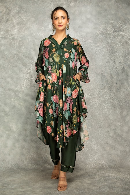 Tanu Malhotra Green Cotton, Silk Split V-neck Forest Printed High Low Kurta Set 