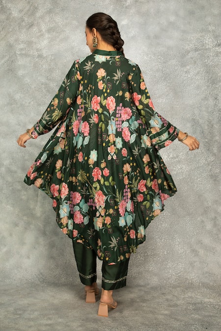 Shop Tanu Malhotra Green Cotton, Silk Split V-neck Forest Printed High Low Kurta Set at Aza Fashions Shop_Tanu Malhotra_Green Cotton, Silk Split V-neck Forest Printed High Low Kurta Set _at_Aza_Fashions