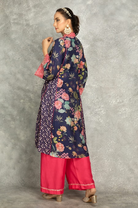 Shop Tanu Malhotra Blue Cotton, Silk, Georgette Embroidery V-neck Side Panel Buti Kurta Set at Aza Fashions Shop_Tanu Malhotra_Blue Cotton, Silk, Georgette Embroidery V-neck Side Panel Buti Kurta Set _at_Aza_Fashions