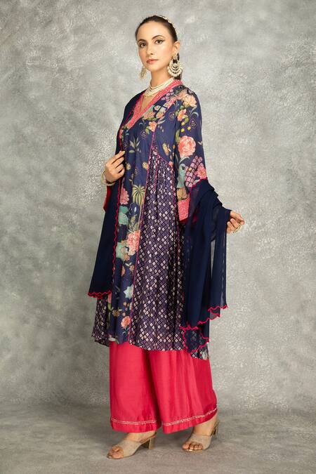 Tanu Malhotra Blue Cotton, Silk, Georgette Embroidery V-neck Side Panel Buti Kurta Set Online at Aza Fashions Tanu Malhotra_Blue Cotton, Silk, Georgette Embroidery V-neck Side Panel Buti Kurta Set _Online_at_Aza_Fashions