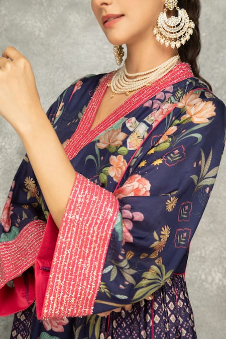 Shop Tanu Malhotra Blue Cotton, Silk, Georgette Embroidery V-neck Side Panel Buti Kurta Set Online at Aza Fashions Shop_Tanu Malhotra_Blue Cotton, Silk, Georgette Embroidery V-neck Side Panel Buti Kurta Set _Online_at_Aza_Fashions