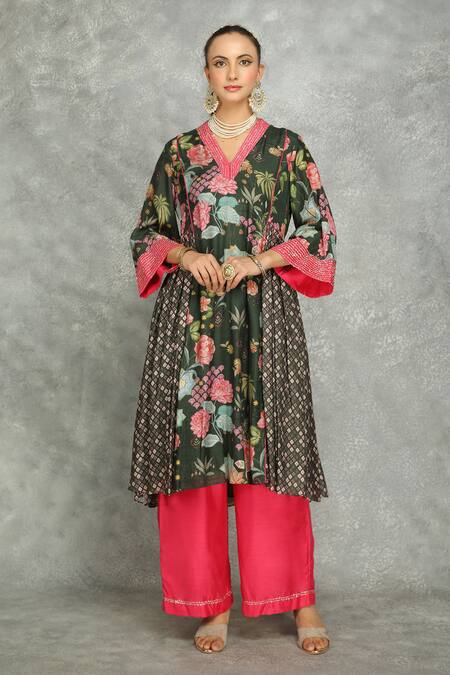 Tanu Malhotra Green Cotton, Silk, Georgette Embroidery Forest Side Panel Buti Kurta Set Online at Aza Fashions Tanu Malhotra_Green Cotton, Silk, Georgette Embroidery Forest Side Panel Buti Kurta Set _Online_at_Aza_Fashions