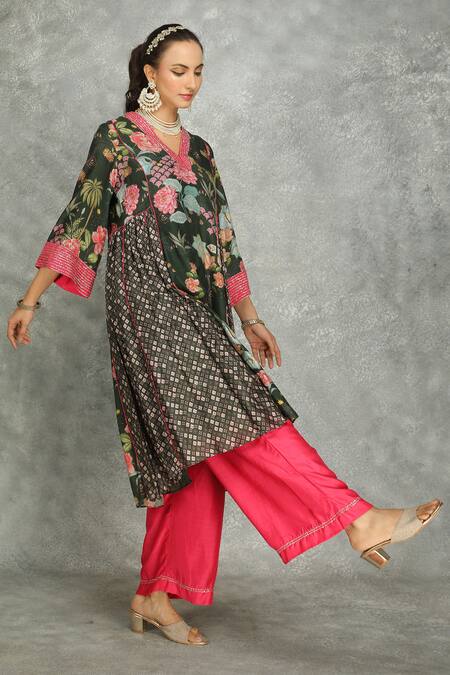 Shop Tanu Malhotra Green Cotton, Silk, Georgette Embroidery Forest Side Panel Buti Kurta Set Online at Aza Fashions Shop_Tanu Malhotra_Green Cotton, Silk, Georgette Embroidery Forest Side Panel Buti Kurta Set _Online_at_Aza_Fashions