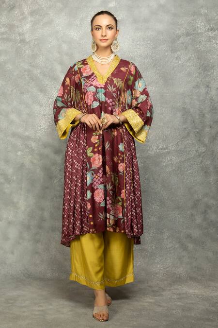 Buy Tanu Malhotra Wine Cotton, Silk, Georgette V-neck Old Buti Kurta Set With Scalloping Dupatta Online at Aza Fashions Buy_Tanu Malhotra_Wine Cotton, Silk, Georgette V-neck Old Buti Kurta Set With Scalloping Dupatta _Online_at_Aza_Fashions