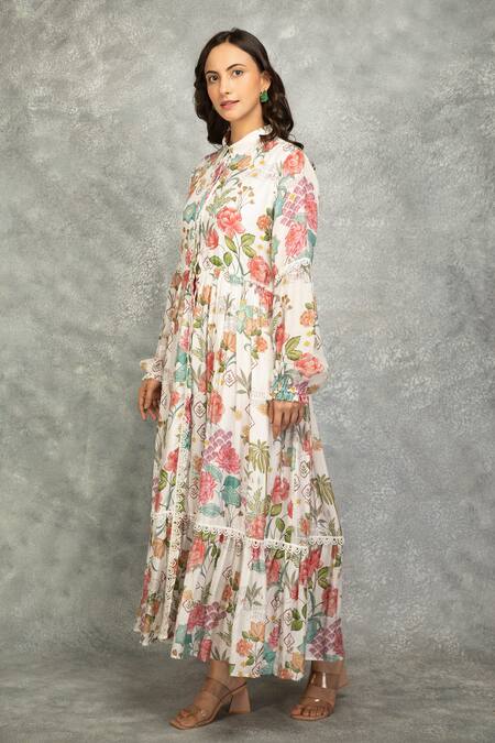 Tanu Malhotra_White Cotton, Silk Lace Collared Floral Printed Maxi Dress_Online_at_Aza_Fashions