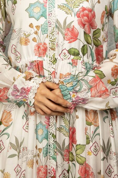 Buy_Tanu Malhotra_White Cotton, Silk Lace Collared Floral Printed Maxi Dress_Online_at_Aza_Fashions