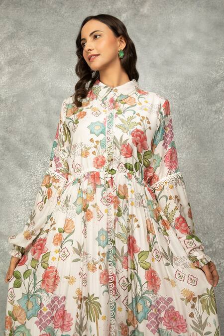 Shop_Tanu Malhotra_White Cotton, Silk Lace Collared Floral Printed Maxi Dress_Online_at_Aza_Fashions