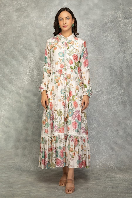 Tanu Malhotra White Cotton, Silk Lace Collared Floral Printed Maxi Dress 