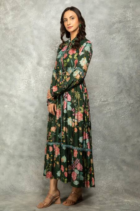 Tanu Malhotra Green Cotton, Silk Embroidery Collared Floral Printed Midi Dress Online at Aza Fashions Tanu Malhotra_Green Cotton, Silk Embroidery Collared Floral Printed Midi Dress_Online_at_Aza_Fashions