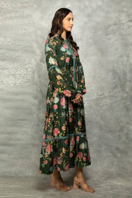 Buy Tanu Malhotra Green Cotton, Silk Embroidery Collared Floral Printed Midi Dress Online at Aza Fashions Buy_Tanu Malhotra_Green Cotton, Silk Embroidery Collared Floral Printed Midi Dress_Online_at_Aza_Fashions