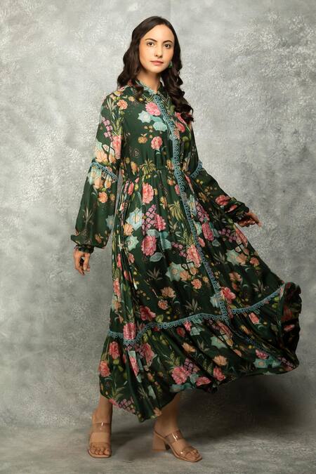 Shop Tanu Malhotra Green Cotton, Silk Embroidery Collared Floral Printed Midi Dress Online at Aza Fashions Shop_Tanu Malhotra_Green Cotton, Silk Embroidery Collared Floral Printed Midi Dress_Online_at_Aza_Fashions