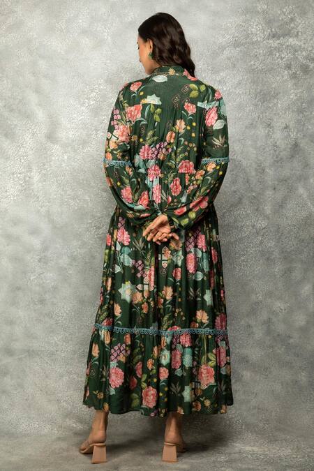 Shop Tanu Malhotra Green Cotton, Silk Embroidery Collared Floral Printed Midi Dress at Aza Fashions Shop_Tanu Malhotra_Green Cotton, Silk Embroidery Collared Floral Printed Midi Dress_at_Aza_Fashions