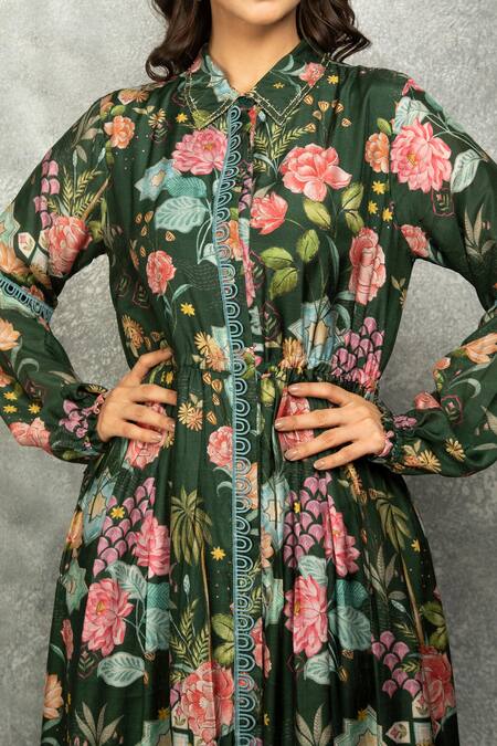 Tanu Malhotra Green Cotton, Silk Embroidery Collared Floral Printed Midi Dress at Aza Fashions Tanu Malhotra_Green Cotton, Silk Embroidery Collared Floral Printed Midi Dress_at_Aza_Fashions