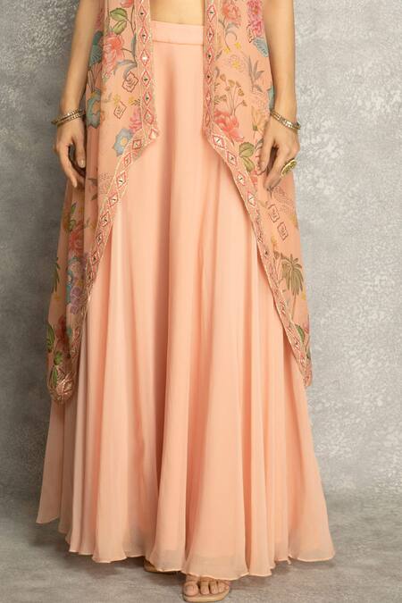 Tanu Malhotra Peach Organza, Georgette Mirrors Sweetheart Neck Embroidered Cape Skirt Set Online at Aza Fashions Tanu Malhotra_Peach Organza, Georgette Mirrors Sweetheart Neck Embroidered Cape Skirt Set _Online_at_Aza_Fashions