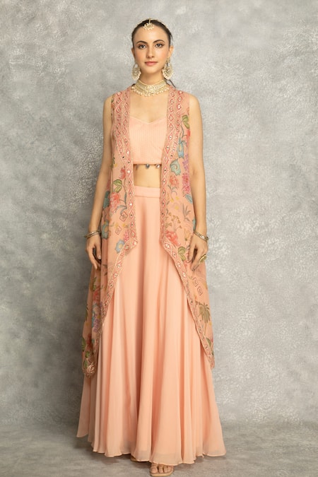 Buy Tanu Malhotra Peach Organza, Georgette Mirrors Sweetheart Neck Embroidered Cape Skirt Set Online at Aza Fashions Buy_Tanu Malhotra_Peach Organza, Georgette Mirrors Sweetheart Neck Embroidered Cape Skirt Set _Online_at_Aza_Fashions