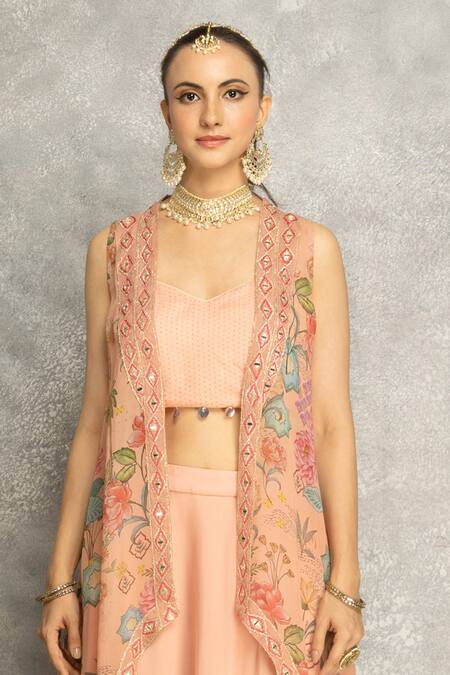 Shop Tanu Malhotra Peach Organza, Georgette Mirrors Sweetheart Neck Embroidered Cape Skirt Set Online at Aza Fashions Shop_Tanu Malhotra_Peach Organza, Georgette Mirrors Sweetheart Neck Embroidered Cape Skirt Set _Online_at_Aza_Fashions
