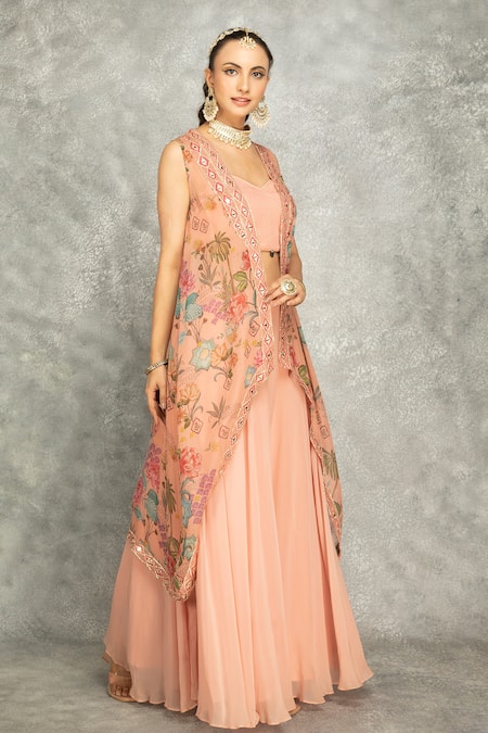 Tanu Malhotra Peach Organza, Georgette Mirrors Sweetheart Neck Embroidered Cape Skirt Set at Aza Fashions Tanu Malhotra_Peach Organza, Georgette Mirrors Sweetheart Neck Embroidered Cape Skirt Set _at_Aza_Fashions