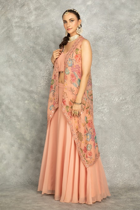 Buy Tanu Malhotra Peach Organza, Georgette Mirrors Sweetheart Neck Embroidered Cape Skirt Set Buy_Tanu Malhotra_Peach Organza, Georgette Mirrors Sweetheart Neck Embroidered Cape Skirt Set