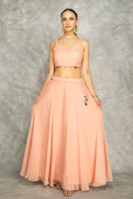 Shop Tanu Malhotra Peach Organza, Georgette Mirrors Sweetheart Neck Embroidered Cape Skirt Set Shop_Tanu Malhotra_Peach Organza, Georgette Mirrors Sweetheart Neck Embroidered Cape Skirt Set