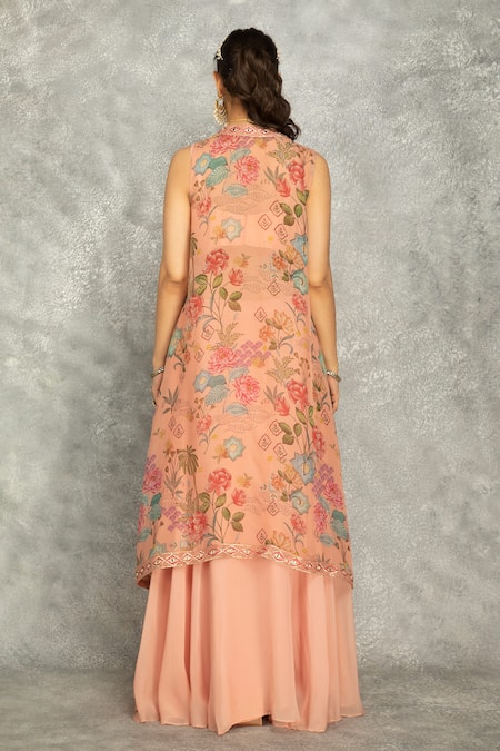Tanu Malhotra Peach Mirror Embroidered Cape Skirt Set 