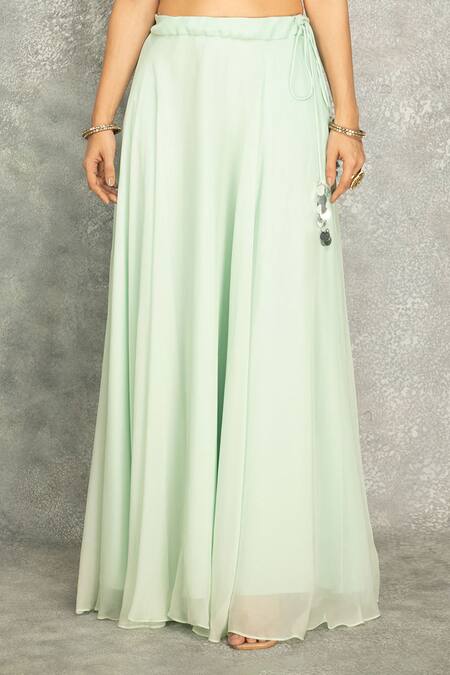 Tanu Malhotra Green Organza, Georgette Embroidery, Mirrors Round Turquoise Cape Skirt Set Online at Aza Fashions Tanu Malhotra_Green Organza, Georgette Embroidery, Mirrors Round Turquoise Cape Skirt Set _Online_at_Aza_Fashions