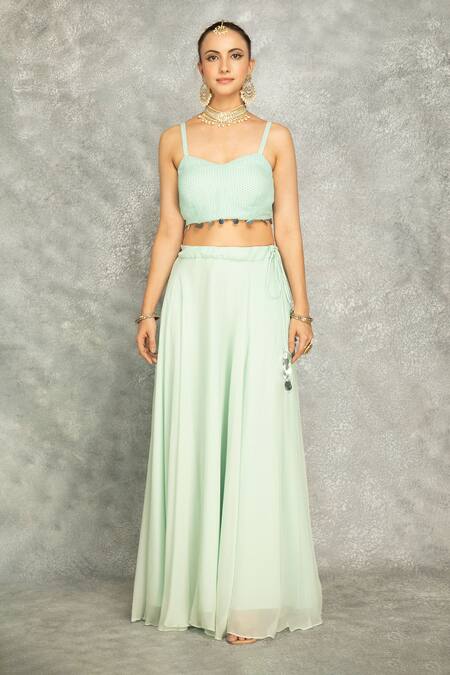 Buy Tanu Malhotra Green Organza, Georgette Embroidery, Mirrors Round Turquoise Cape Skirt Set Online at Aza Fashions Buy_Tanu Malhotra_Green Organza, Georgette Embroidery, Mirrors Round Turquoise Cape Skirt Set _Online_at_Aza_Fashions