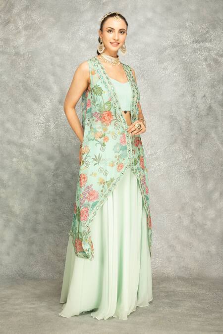 Tanu Malhotra Green Organza, Georgette Embroidery, Mirrors Round Turquoise Cape Skirt Set at Aza Fashions Tanu Malhotra_Green Organza, Georgette Embroidery, Mirrors Round Turquoise Cape Skirt Set _at_Aza_Fashions