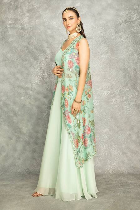 Buy Tanu Malhotra Green Organza, Georgette Embroidery, Mirrors Round Turquoise Cape Skirt Set Buy_Tanu Malhotra_Green Organza, Georgette Embroidery, Mirrors Round Turquoise Cape Skirt Set